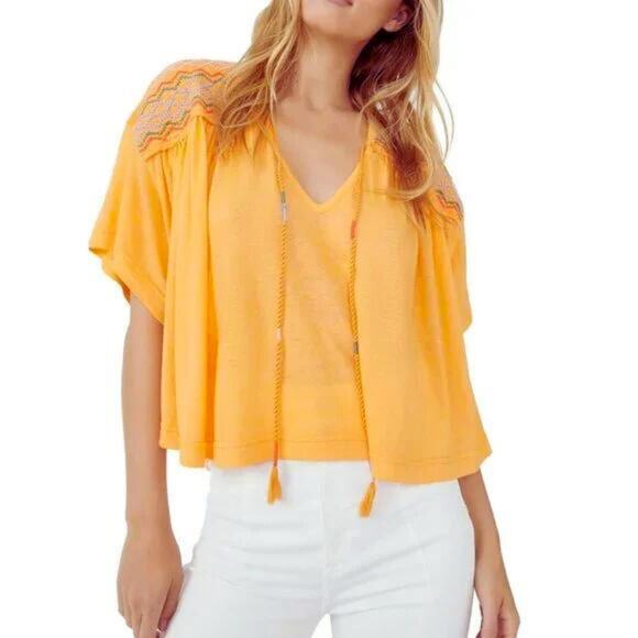 FREE PEOPLE Market Tee Carrot Ginger Orange Embroidered Boho Crop Top Medium NEW - Picture 2 of 8